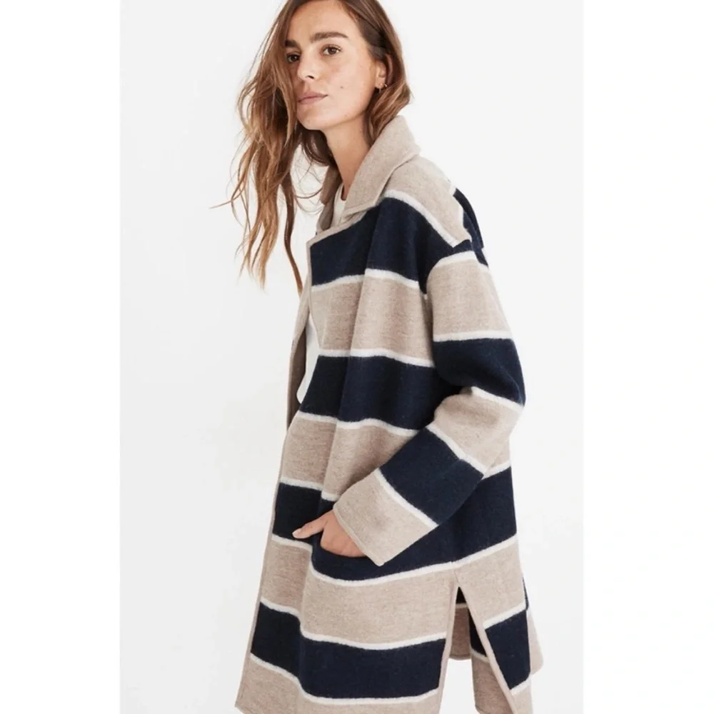 NWT Madewell Striped Ballard Sweater Coat | Merino Wool | Tan/Blue | Medium - Picture 1 of 5